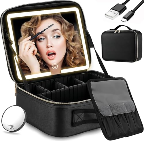 RAMSPIT Bolsa De Maquillaje Con Espejo y Led, Estuche De Maquillaje Con Lupa De 10X, Neceser Maquillaje, 3 Colores De Luz y Ajustes De Brillo, Compartimentos Ajustables DIY, Cosmetiquera De Viaje