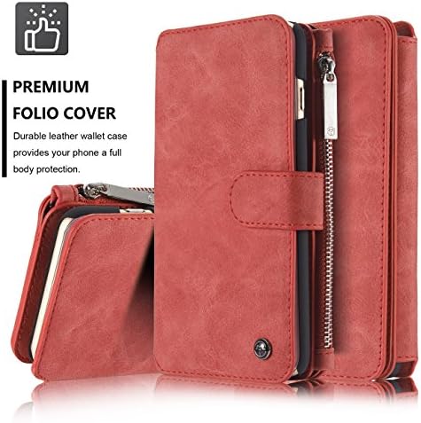 iPhone 7 Case,iPhone 7 Wallet Case,NERVX Premium PU Wallet Leather Case Flip Folio Wallet Case Cover - [Zipper Wallet] 14 Credit Card Slot With Detachable Slim Cover for iPhone 7 (Red)