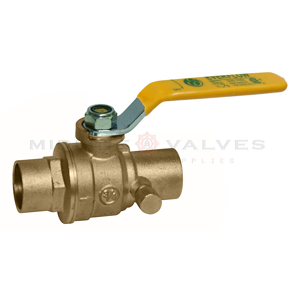 Everflow Supplies Midline 405C034-NL-P Premium Full Port Ball Valve with Drain Brass, x 3/4 in. SWT, 3/4-Inch