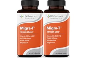 LifeSeasons Migra‑T Migraine Support – Natural Headache Formula with Feverfew, White Willow Bark, Magnesium, CoQ10 & Ginger – Supports Tone, Light & Sound Sensitivity - 60 Count (Pack of 2)