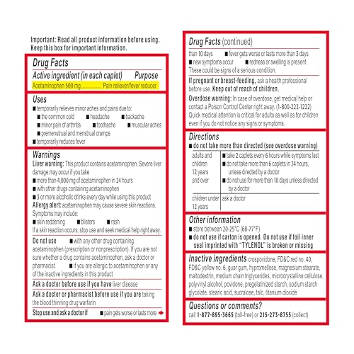 TYLENOL EXTRA STRENGTH EASY TO SWALLOW ACETAMINOPHEN, PAIN RELIEVER & FEVER REDUCER COATED CAPLETS FOR ADULTS WITH GENTLEGLIDE TECHNOLOGY, 500 MG EXTRA STRENGTH ACETAMINOPHEN, 50 CT