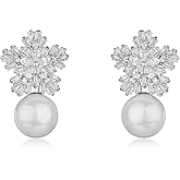 CZ Flower Pearl Stud Earrings for Women 925 Sterling Silver Post Pin Dainty Crystal Snowflake Pearl Ball Dangle Stud Fashion Wedding Jewelry