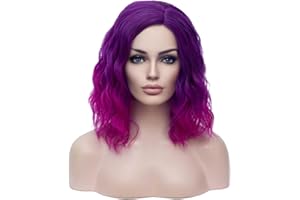 BERON Purple Ombre Wigs for Womens Short Curly Wavy Girls Wig Dark Roots Purple Shoulder Length Hair Wig with Heat Resistant Synthetic Cosplay or Daily Used Wigs