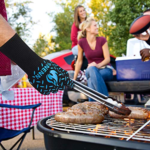 YINENN BBQ Grill Gloves with 932°F Heat Resistance and Insulated Silicone for Barbecue with Grilling,Smoker,Cooking and Oven,Baking,Fireplace,Frying and Kitchen-1 Pairs (13.5''XL)-Blue
