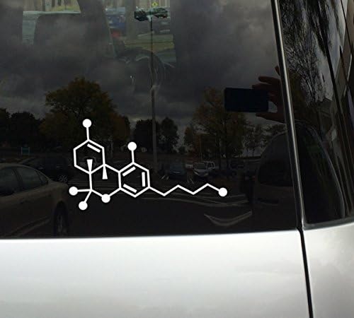 Applicable Pun THC Decal – 6 Inch White Vinyl Tetrahydrocannabinol Cannabis Chemical Compound Skeletal Formula Sticker for Cars, Glass, Laptops, and More