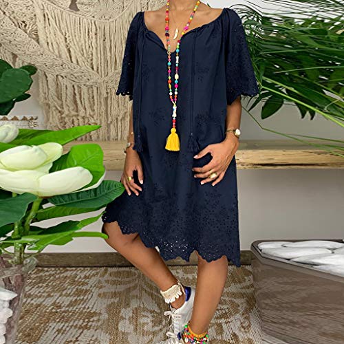 Witspace Women's Ladies Loose Solid Half Sleeve Lace V-Neck Knee Length Dress