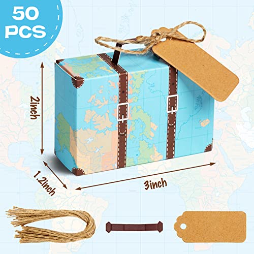 VGOODALL Suitcase Favor Boxes, 50PCS World Map Mini Suitcase Boxes Wedding Candy Boxes for Travel Theme Wedding Baby Bridal Shower