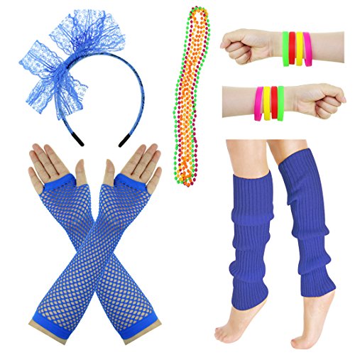 JINSEY Women's 80s Outfit accessories Leg Warmers Gloves For 1980s Theme Party Supplies-Royal Blue