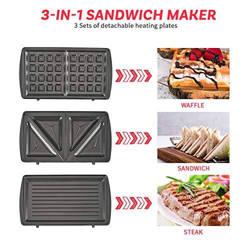 Sandwich Maker, Waffle Maker, Electric Grill, 3In1 Detachable Non