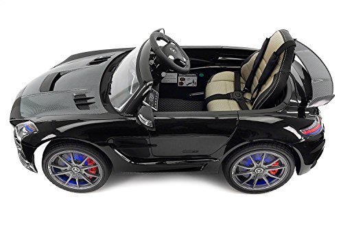 Carbon BLACK SLS AMG Mercedes Benz Car for Kids, 12V Powered Kids Ride On Car, Leather Seat, LED Lights, Parental Remote, Built-in LCD Touch Screen TV Dashboard, Stroller Seatbelt