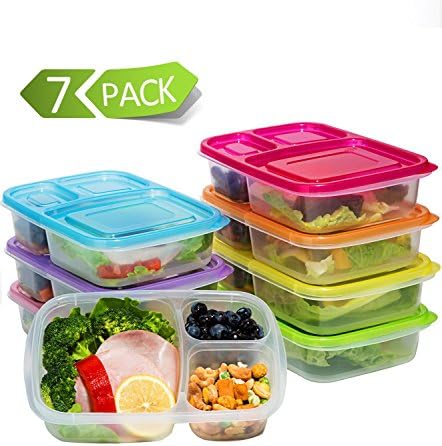 Meal Prep Containers 3 Compartment,7 Pack Bento Lunch Box Portion Control,Food Storage with Lids,Stackable,Reusable,Microwave,Dishwasher,Freezer Safe(26oz)