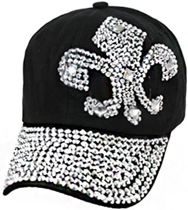 Black Fluer de Lis Crystal Silver Rhinestone Studded Adjustable Baseball Cap