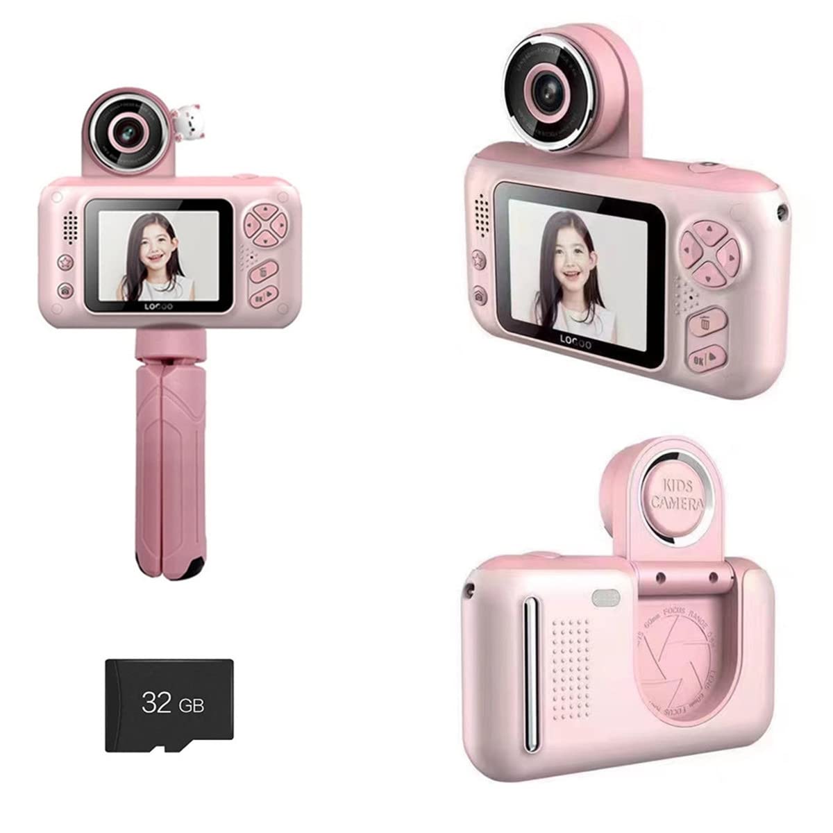 EMEBAY 2.4 Inch Digital Camera with Tripod Stand for Children, Mini Camera Selfie Rechargeable Camcorder 32G SD HD Video Card 1080P Gift Toy Girls Boys