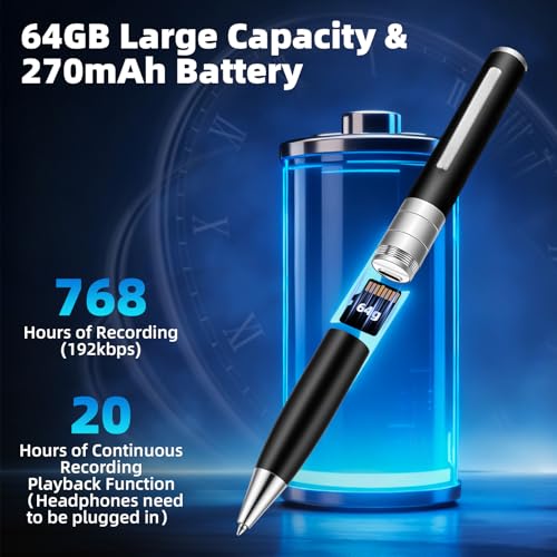 Stylo Enregistrement Vocal 64 Go - Automatique et continu par Activation rotative, enregistreur Audio Invisible pour Les Cours, Les réunions, Les entretiens
