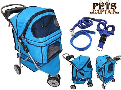 Premium Quality 3-Wheel Pet Carrier Stroller For Cat &amp; Dog By Pets Captain, Mesh Sides &amp; Undercarriage Storage, 2 Cup Holders, Foldable, Bonus Leash, Collar &amp; Harness, Blue Color, OWS33BL-BLUE