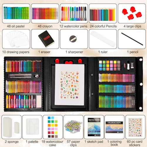 KINSPORY 290 Pieces Children's Painting Case, Drawing Games, Children's Paints, Drawing Pencils, Easel Painting