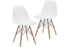 CangLong Modern Mid-Century Dining Chair Shell Lounge Plastic Chair with Natural Wooden Legs for Kitchen, Dining, Bedroom, Living Room Side Chairs Set of 2, White