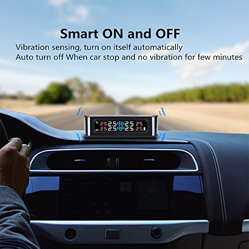 Jansite TPMS Tire Pressure Gauge Monitoring System Solar Support, Universal Wireless with 4 DIY External Sensors, Real-time Displays 4 Tires' Pressure and Temperature