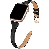 WFEAGL Leather Bands Compatible with Apple Watch 38mm 40mm 42mm 44mm, Top Grain Leather Band Slim & Thin Replacement Wristband for iWatch Series 4/3/2/1 (Black/Rose Gold, 42mm 44mm)