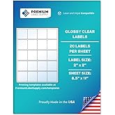 Premium Label Supply Glossy Clear Sticker Square Labels – 2" x 2" – Laser/Inkjet Compatible – (20 per Sheet), 10 Sheets – 200 Total Adhesive Labels