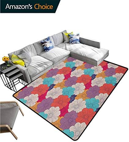 YucouHome Colorful Fruit Rug Pads, Abstract Daisy Flowers in Style Hand Drawn Foliage with Striped Petals, Durable Rugs - Living, Dinning, Office, Rooms & Bedrrom, Hallway Carpet(4'x 6') Multicolor