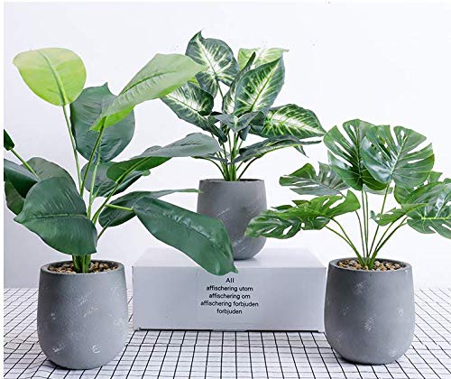 DODXIAOBEUL 17 inch Tropical Leaves Potted Artificial Simulation Tropical Oak Leaves Fake Plant Decorative Lifelike Flower Green Plants with Round Cement Pot (Green-B)