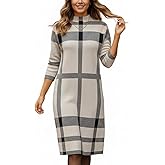 Womens Plaid Mock Neck Long Sleeve Knee Length Tunic Sweater Dress Fall Winter Elegant Fitted Pullover Knit Dresses for Women