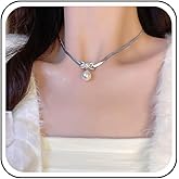 Erimberate Bohemian Crystal Bow Pearl Choker Necklace Silver Cz Bow Tie Pendant Necklace Round Pearl Collar Necklace Pearl Flat Herringbone Chain Necklace Jewelry for Women