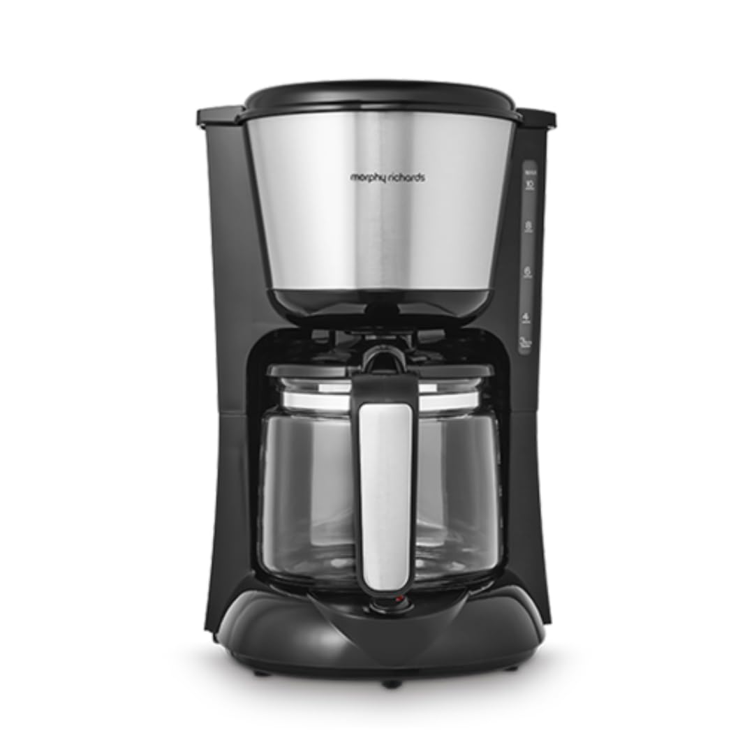Morphy Richards Equip Filter Coffee Machine, Coffee Maker for Instant Coffee, Pour Over Technology, 10 Cup, Anti Drip, Reusable Filter, Keep Warm, Aroma Blender, Black/Brushed Steel, 162501