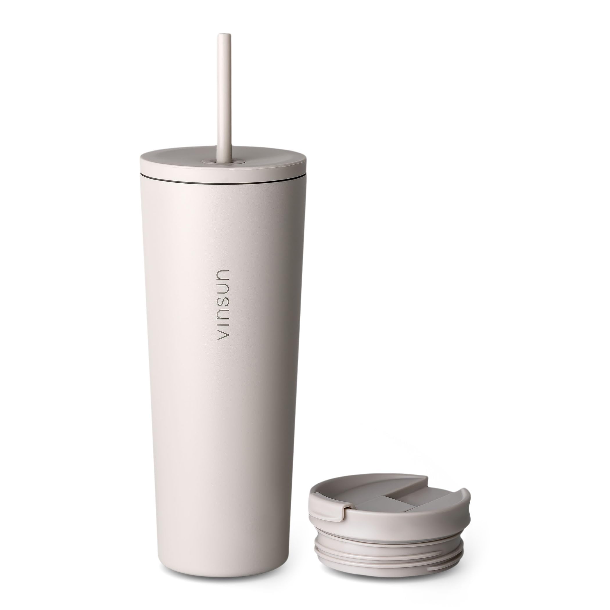 VINSUN Travel Mug with Straw 720ml - Stainless Steel Thermal Mug, Leakproof, Double-Walled Insulated - Beige Tumbler with Straw and Lid for Hot & Cold Drinks