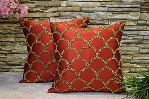Royal DecoFurnishing Premium Quality Criss Cross Hand Embroidered Gold Embellished ‘Maroon’ Decorative Cushion Covers (16"x16" inches i.e 40x40 Cms)