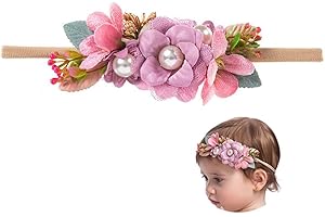 Floral Pearl Baby Girl Headband Soft Elastic Flower Hairband for Newborns Infants Toddlers Cute Birthday Hair Accessory (ligh
