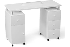 DeerDean White Nail Desk for Nail Tech Manicure Table Nail Station with 4 Drawers Acetone Resistant Nail Table with Wheels Extended Home Desk with Cushion for Beauty Spa
