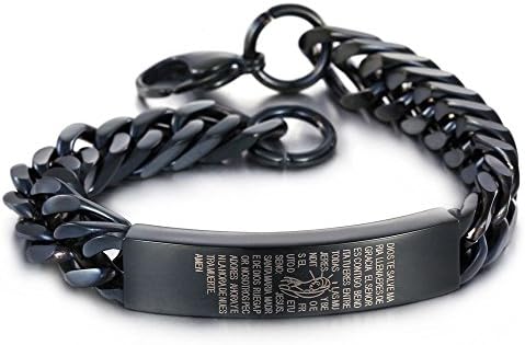 NELSON KENT Mens Stainless Steel Punk Chain Bracelet with Lord's Prayer,Black