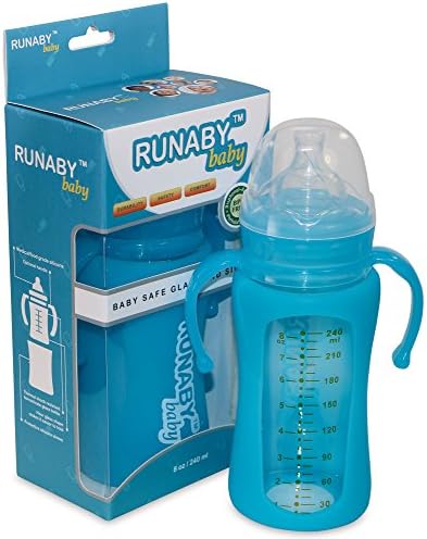 Glass Baby Bottle with Silicone Sleeve Wide Neck Blue 8oz
