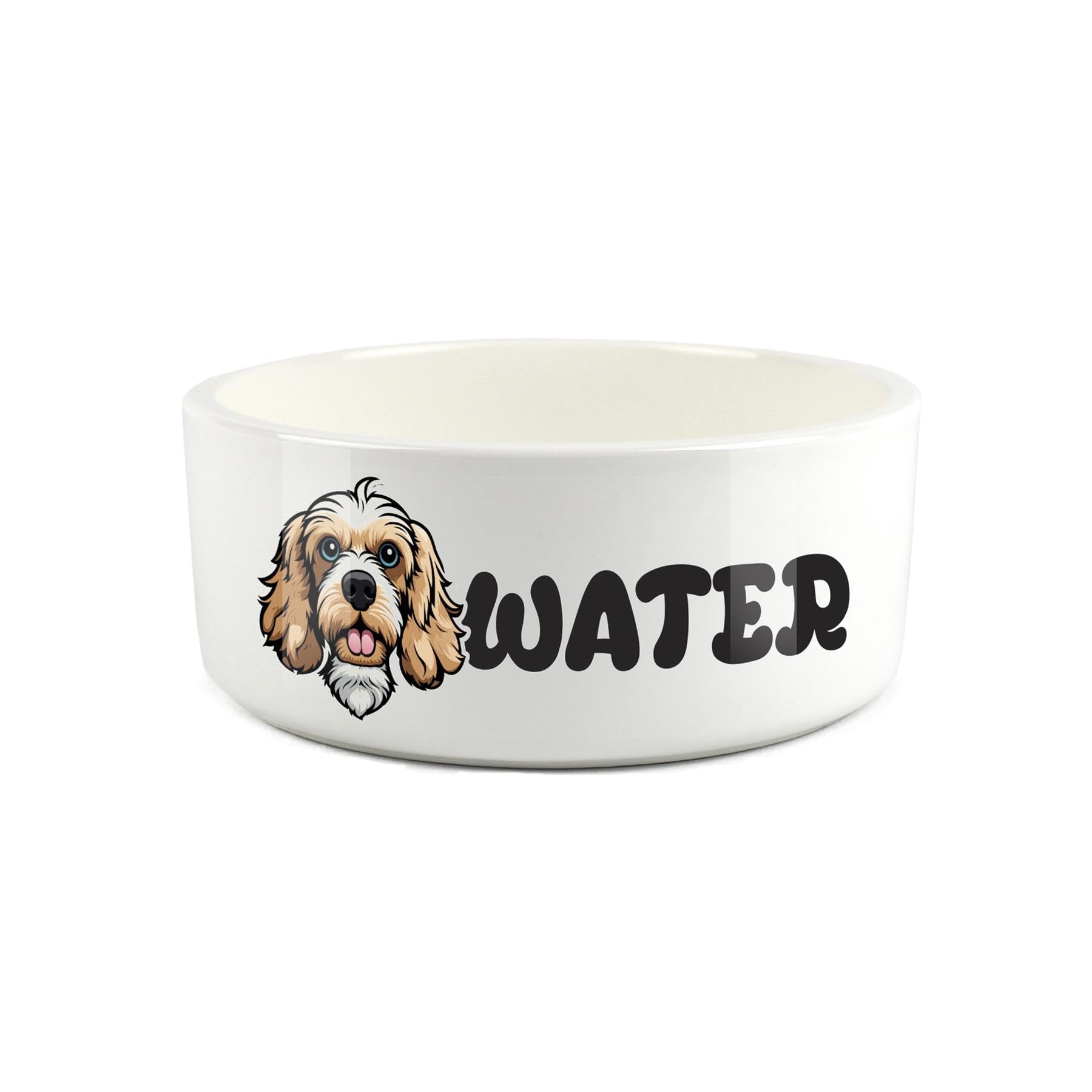 Cockapoo Pet Bowl - Cartoon Dog Portrait Large Ceramic Water Bowl - Novelty White Water Dish For Dogs