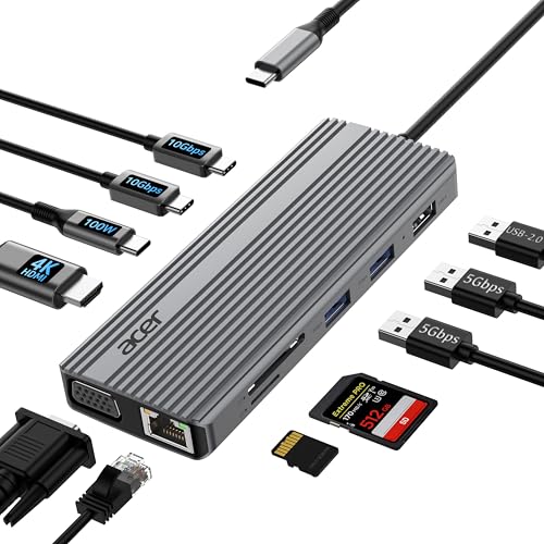 acer USB C Docking Station 11-IN-1, USB-C auf 4K@60Hz HDMI, 1080P VGA, 2x10Gbps Typ-C, 2x5Gbps USB-A, USBC PD 100W, 1000Mbps Ethernet, SD/TF Adapter M