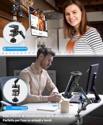 woleyi Tablet Stand Kitchen Desk [Suitable for Table and Mobile] Tablet Stand with Adjustable Metal Arm for iPad Pro 12.9 Air Mini, Galaxy Tab Ultra, Switch, 6-14.6 Inches