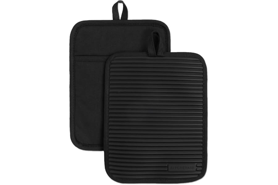 KITCHENAID Ribbed Soft Silicone Pot Holder 2-Pack Set, Matte Black, 7"x9" Book