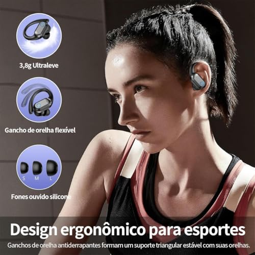 Fones de Ouvido Bluetooth Sem Fio, Esportivo c/ 80h de Reprodução com LED Display e com Gancho Anti Quedas, IPX7 à Prova d'Água, Graves Profundos, Compatível com iOS e Android - Esportes/Treino