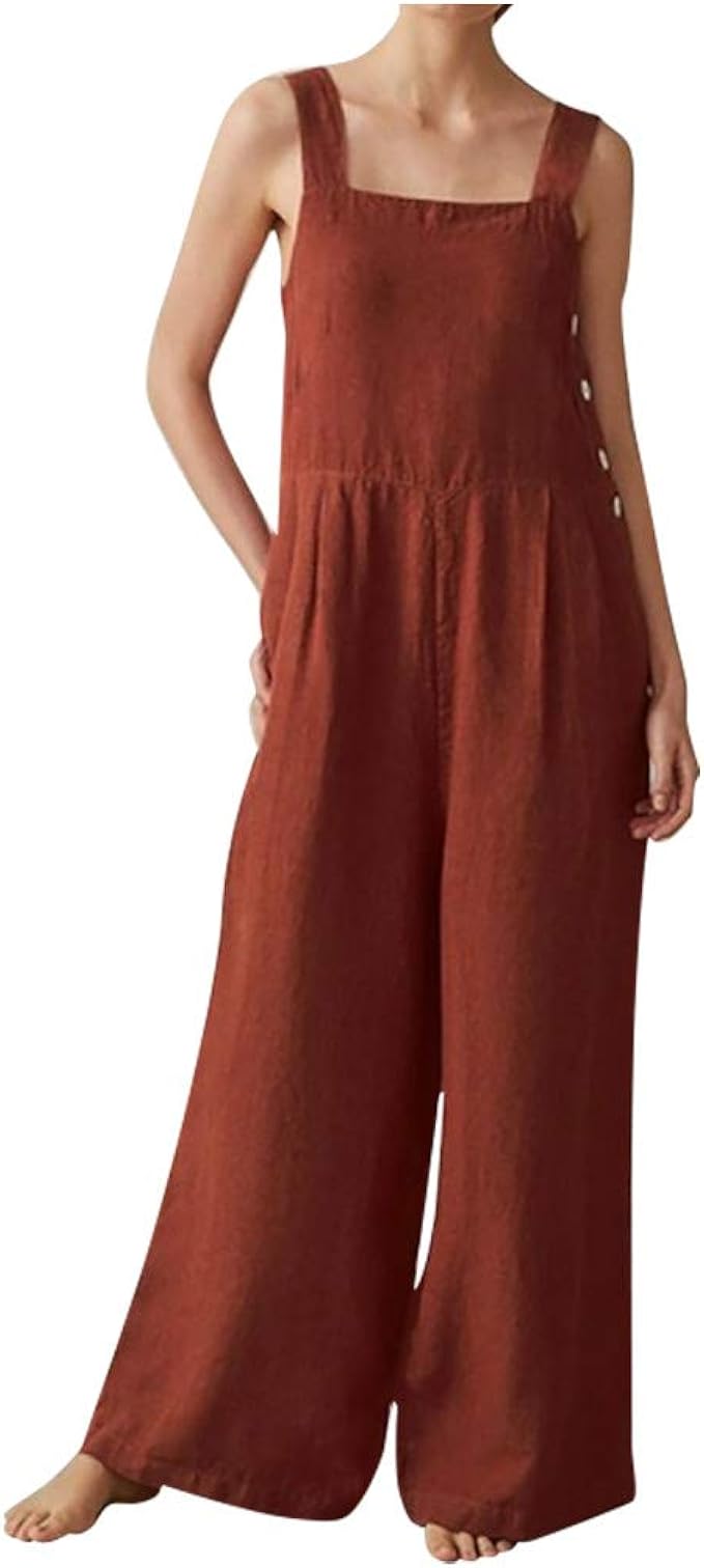Ansenesna Jumpsuit Damen Leinen Sommer Lang Elegant Weites Bein Overall Frauen Einfarbig Casual