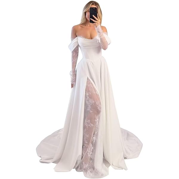 AKLASU Off Shoulder Satin Wedding Dresses for Women Lace Long Sleeve Ivory Wedding Dresses for Bride Bridal Gowns with Side Slit US2 at Amazon Women's Clothing store AKLASU Off Shoulder Satin Wedding Dresses for Women Lace Long Sleeve Ivory Wedding Dresses for Bride Bridal Gowns with Side Slit US2 at Amazon Women's Clothing store