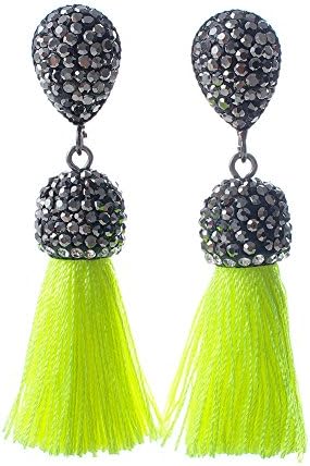 Women's Dangle Drop Short Tassel Earrings with Shell Pearl Black Rhinestone Top (light Green with WB)