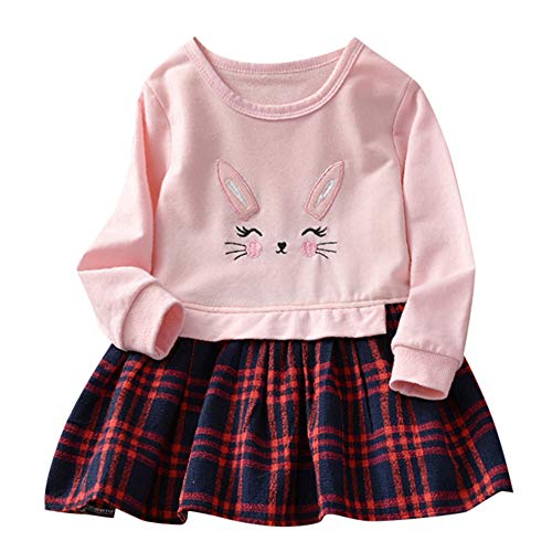 Kehen Kid Toddler Girl Dress Plaid Print Rabbit Skirt Long Sleeve Spliced Dress Spring Easter Oufit Pink 2-3T - Thumbnail 5