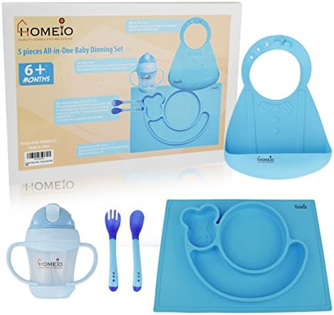 All-in-One Children’s Dining Set (5-Piece Kit BLUE SQUIRREL) – Soft, Flexible Silicone Dishware for Toddlers – Includes Placemat, Sippy Cup, Fork, Spoon, Baby Bib – Boys and Girls 6 Months +
