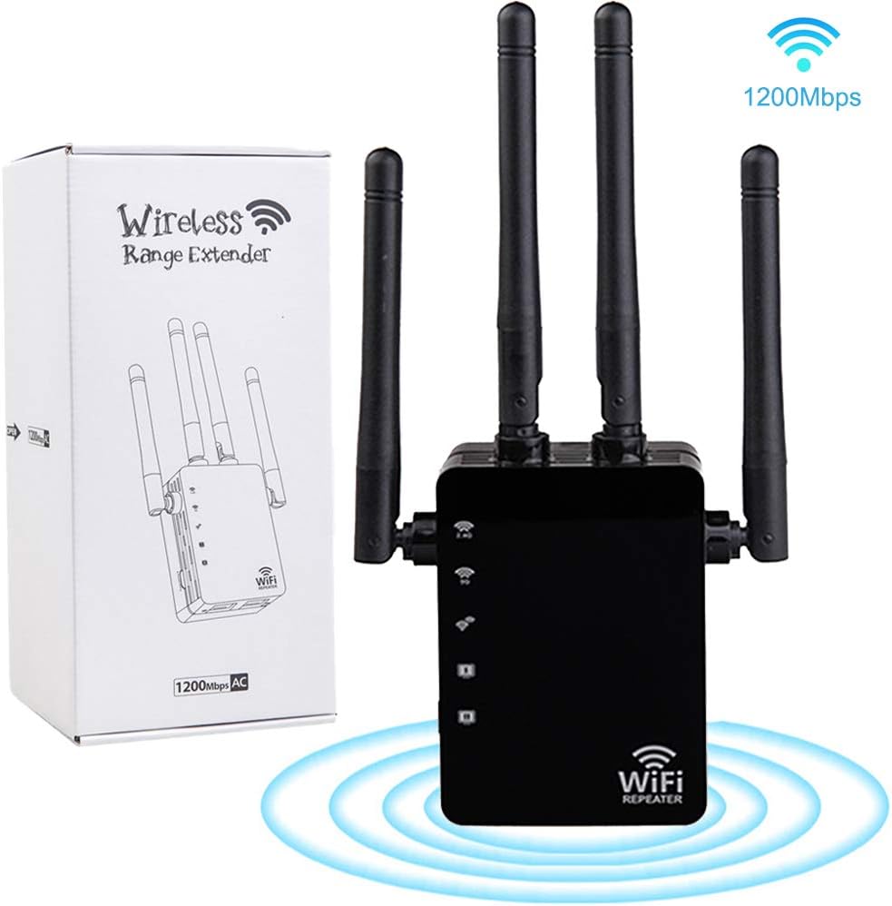 WiFi Extender, WiFi Repeater Wireless Signal Booster for Home, 2.4 & 5GHz Dual Band WiFi Signal Amplifier Up to 1200Mbps, 360° Coverage Up to 1600 Sq.ft, Internet Booster to Extend Range (Black)