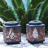 Kircust Solar Lantern Outdoor Hanging Solar Lights, Vintage Flickering Table lamp with Handle- Butterfly and Dragonfly Pattern Decorative for Patio,Yard, Pathway, Porch, Garden, 2 Pack