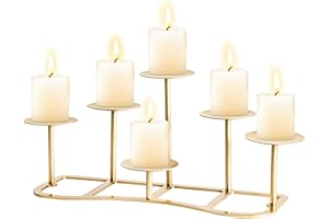 LANLONG Gold Candelabra Candle Holders for Pillar Candles, Metal Candleholder with 6 Candle Stands Floor Table Centerpiece, Fireplace Candle Holder for Inside Fireplace Decor