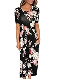 FARYSAYS Women's Spring Floral Printed Short Sleeve Empire Flower Maxi Dress (Large, Black)