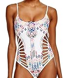 EVALESS Womens Sexy Halter Printed Strappy Cutout One Piece Swimsuit White Medium